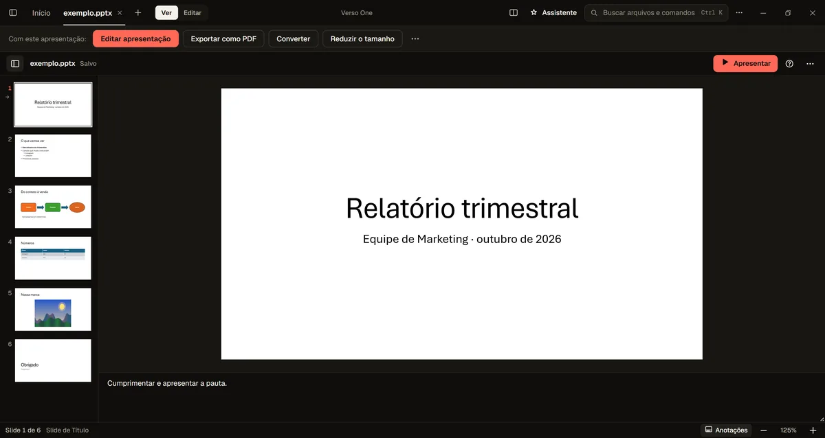 A presentation open in Verso One, with the slide list on the side and the title slide.