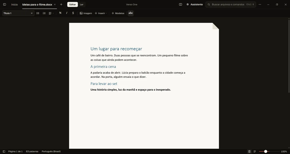 A Word document open in Verso One, with text on the page and editing tools.