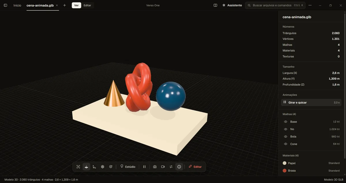 A 3D model open in Verso One: a cone, a knot and a sphere on a base, with measurements beside them.