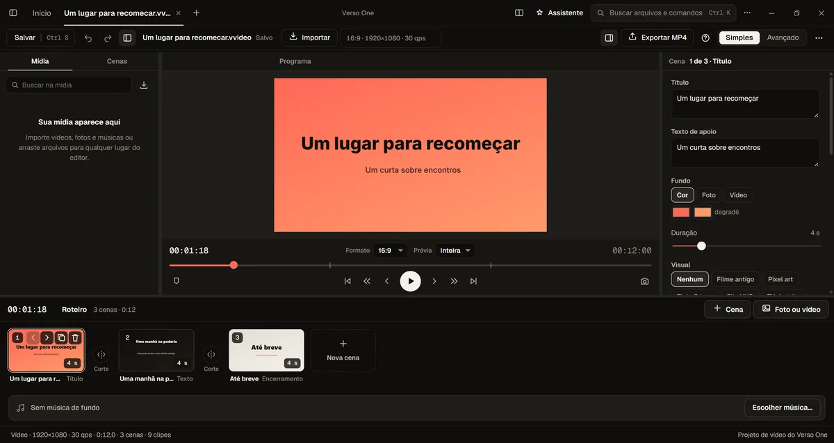 A video project open in Verso One, with the title card in the preview and the scenes in the scene list.